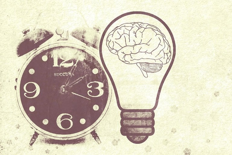 This shows a brain in a lightbulb and an alarm clock