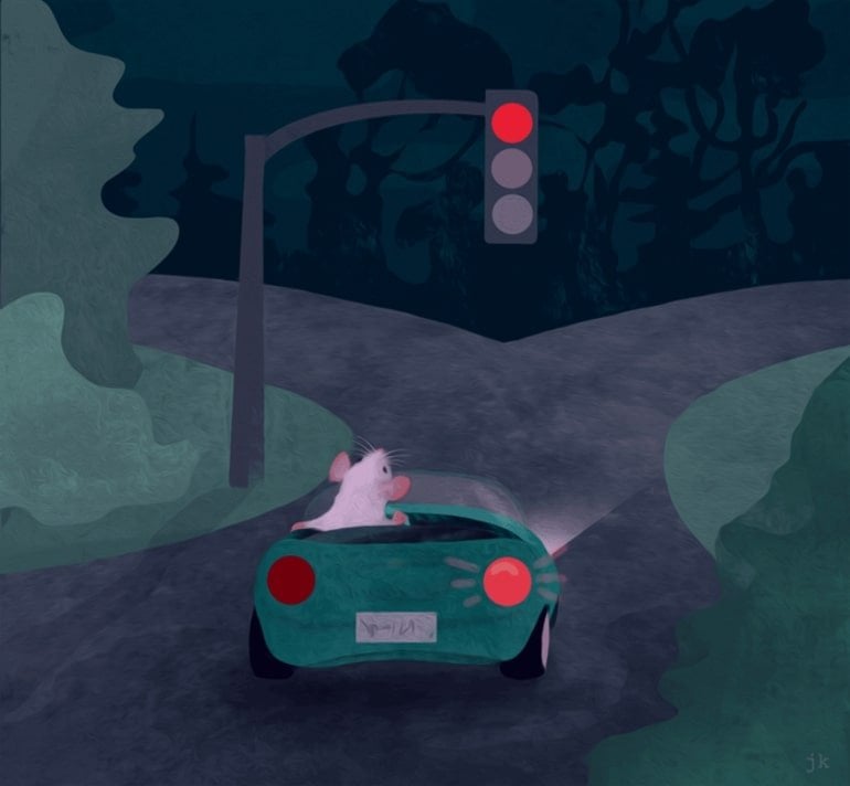 This is a cartoon of a mouse in a car, stopped at a red light
