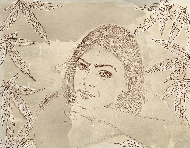 This is a drawing of a woman surrounded by cannabis leaves