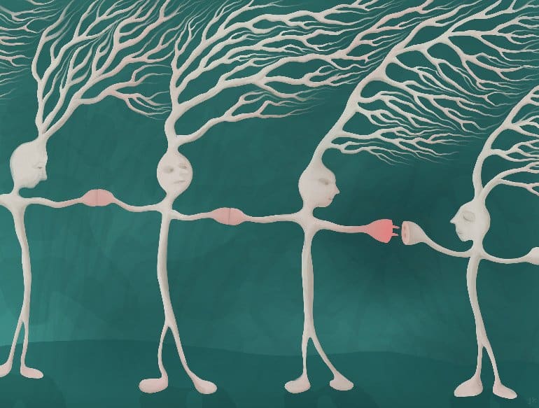 This shows neurons made to look like a chorus line of dancers