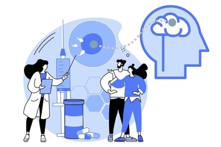 This cartoon shows a doctor talking to a patient with a brain above them