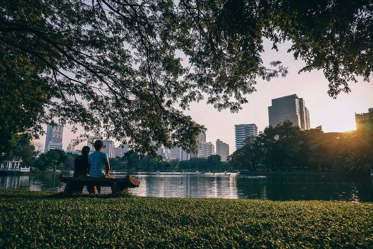 This shows people sitting in a city park