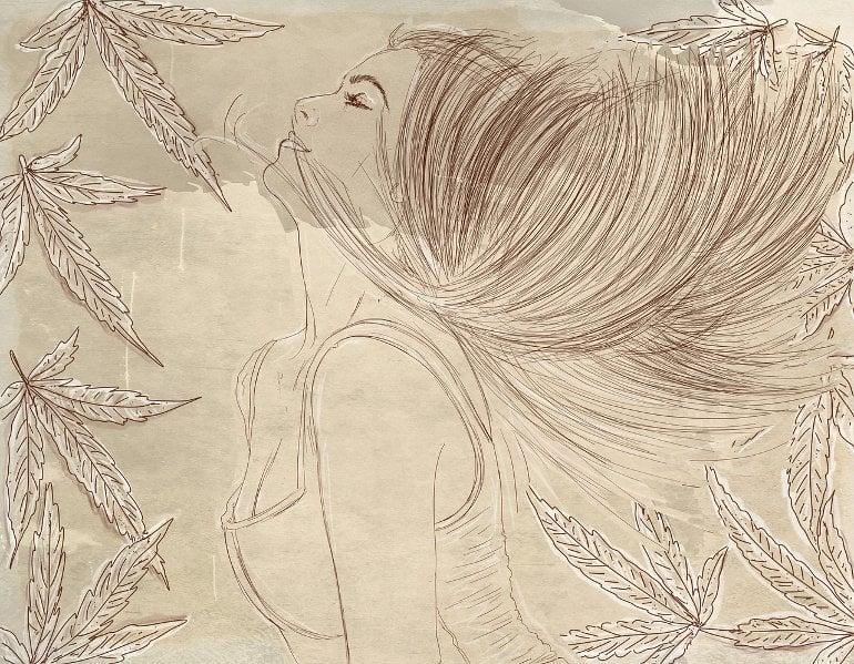 This shows a drawing of a woman surrounded by marijuana leaves
