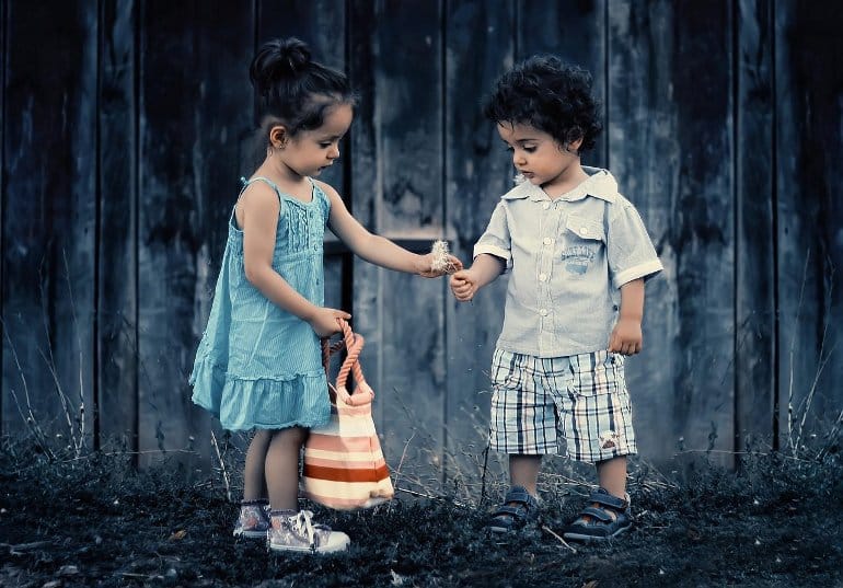 This shows a little girl sharing some flowers with her younger brother