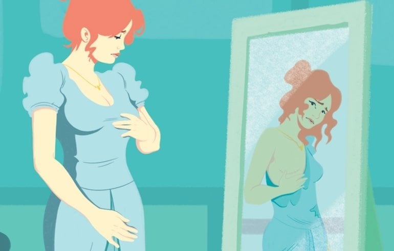 This cartoon shows a woman looking at herself in a mirror
