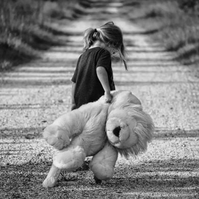 This shows a child walking alone, carrying a stuffed lion