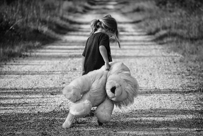 This shows a child walking alone, carrying a stuffed lion