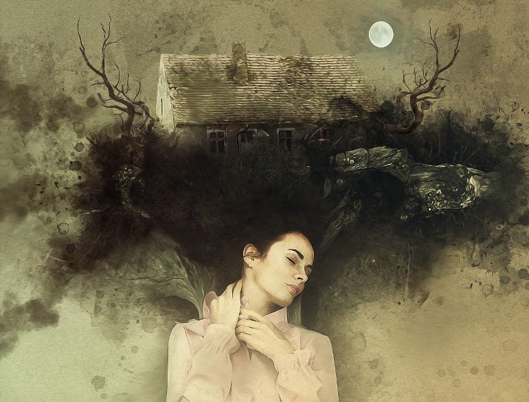 This shows a sleeping woman and a strange looking house above her head