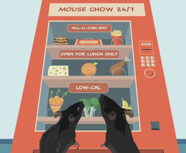 Esta caricatura muestra ratones mirando una máquina expendedora.