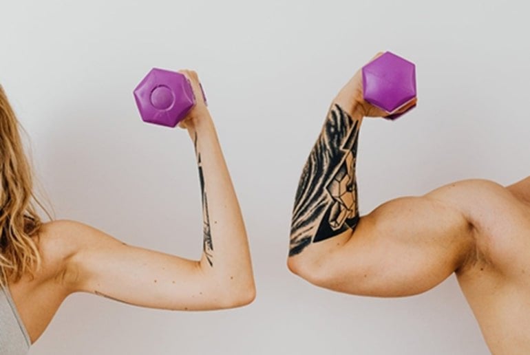This shows a man and a woman's arm holding weights