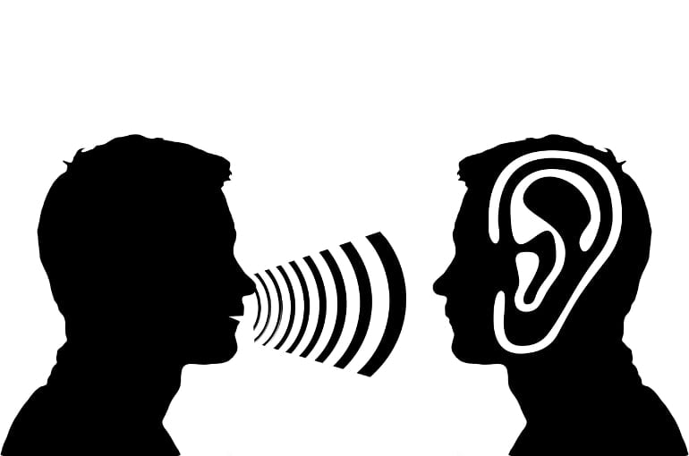 This shows a cartoon of a person speaking and an ear