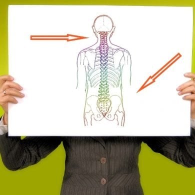 This shows a picture of a person holding up a diagram of the spine
