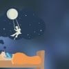 This shows a sleeping child dreaming of swinging from the moon