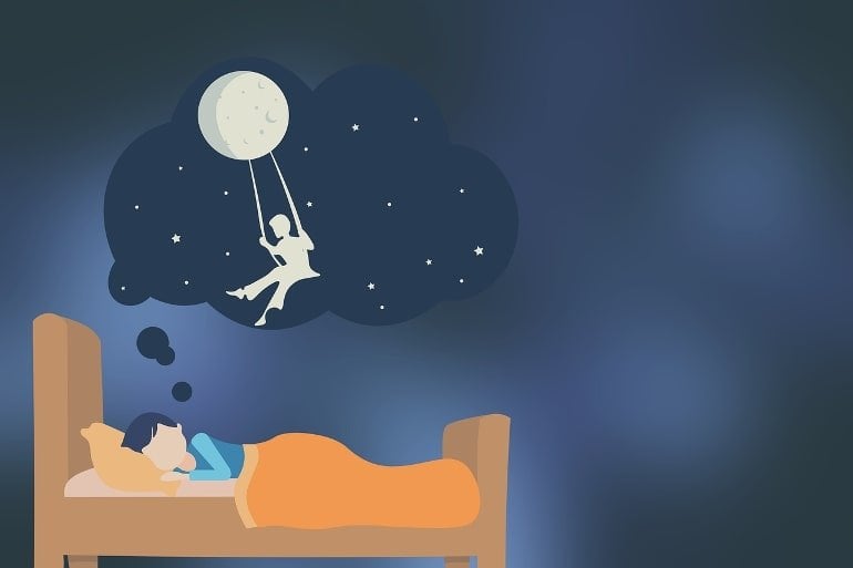 This shows a sleeping child dreaming of swinging from the moon