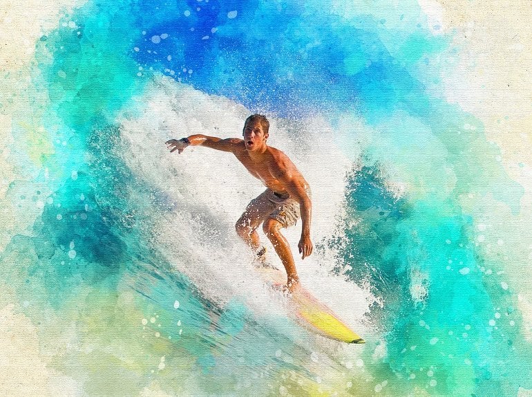 This shows a man surfing
