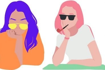 This shows two women. One is smoking a pipe, the other looks stressed