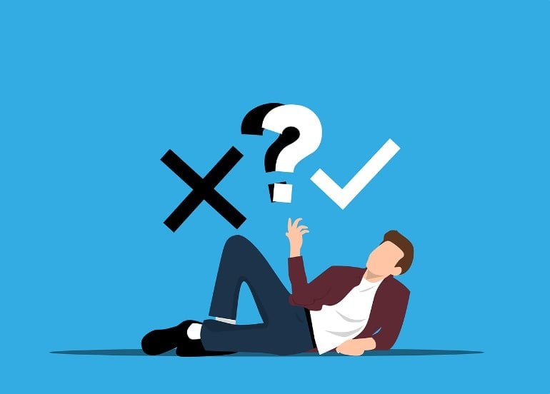 This shows a cartoon of a man laying on the ground with a question mark, an X and a tick above his head