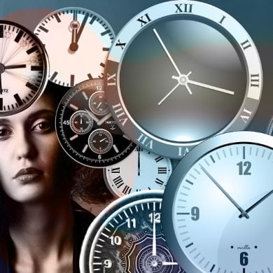 This shows a woman surrounded by clocks