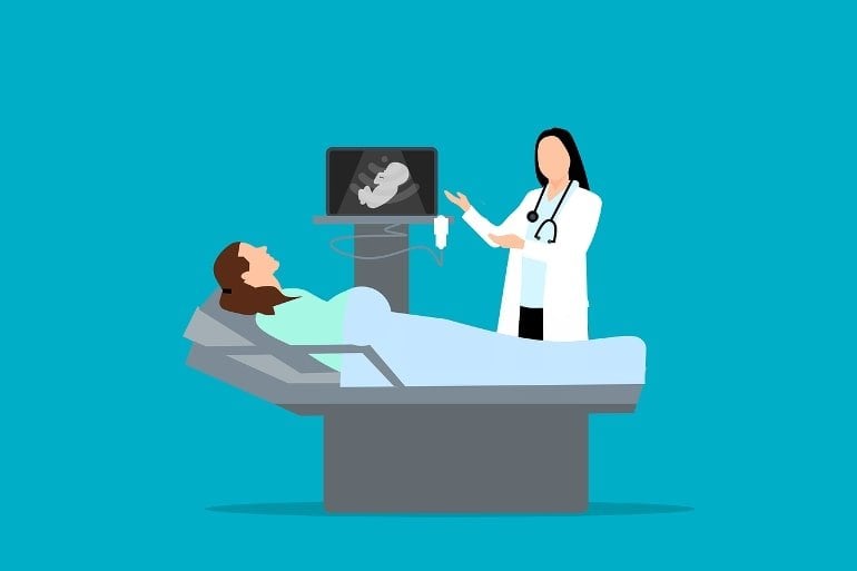 This is a drawing of a woman having an ultrasound
