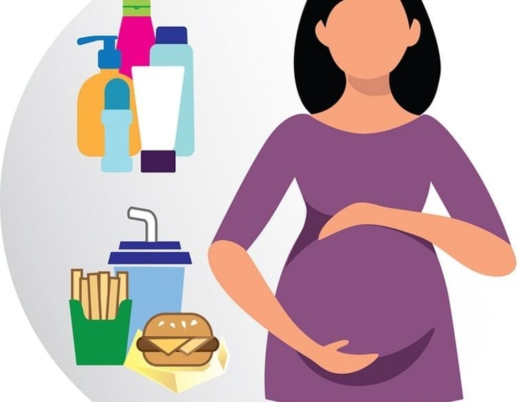 This shows a pregnant woman and plastic products