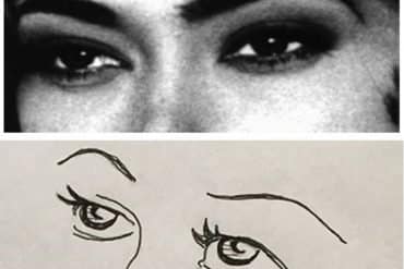 This shows a photo and drawing of a woman's eyes