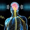 This shows the outline of a body surrounded by lightening bolts and sound waves