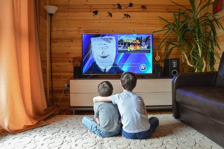 This shows two little boys watching tv