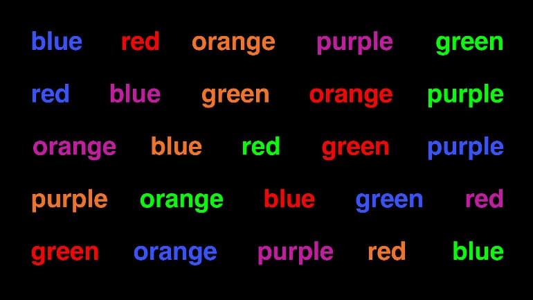 Bu, farklı renklerde yazılmış renk kelimelerini gösterir.