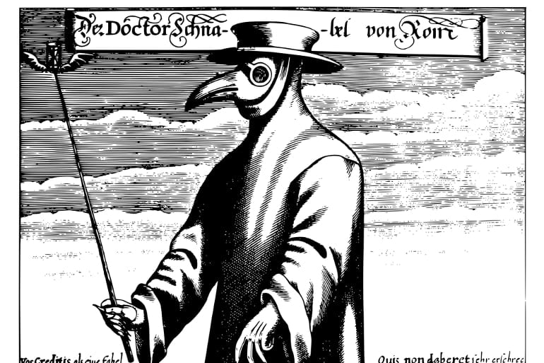 This shows a drawing of a doctor in a plague mask