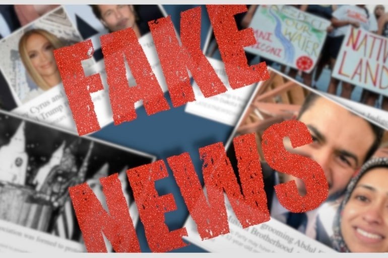 The background shows snippets from fake news posts with Fake News written on them