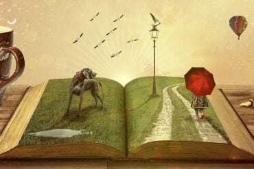 This shows a drawing of a book with a child and a red umbrella and a dog on it