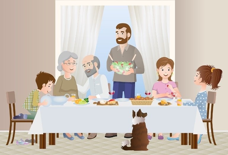 This shows a family eating together