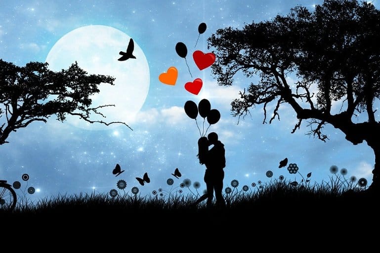 This shows a cartoon of a couple under a tree holding heart balloons
