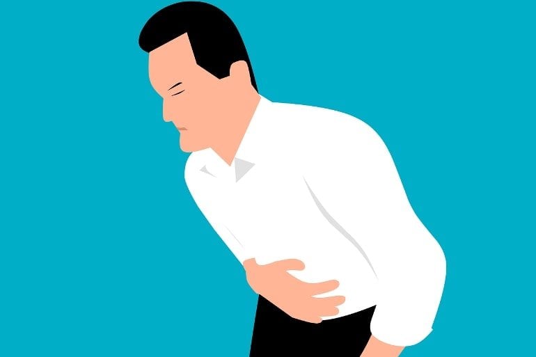 This is a cartoon of a man holding his stomach
