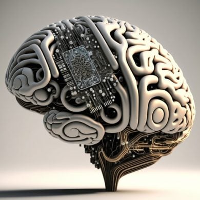 This shows a model of a brain with a computer chip in it