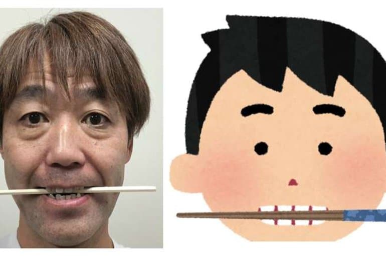 Image shows a man with a chopstick in his mouth and a drawing of the man