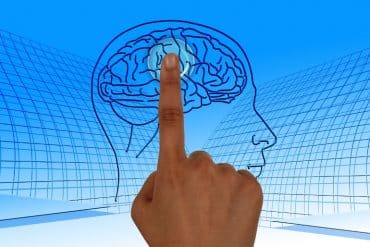 This shows a finger touching a drawing of a brain