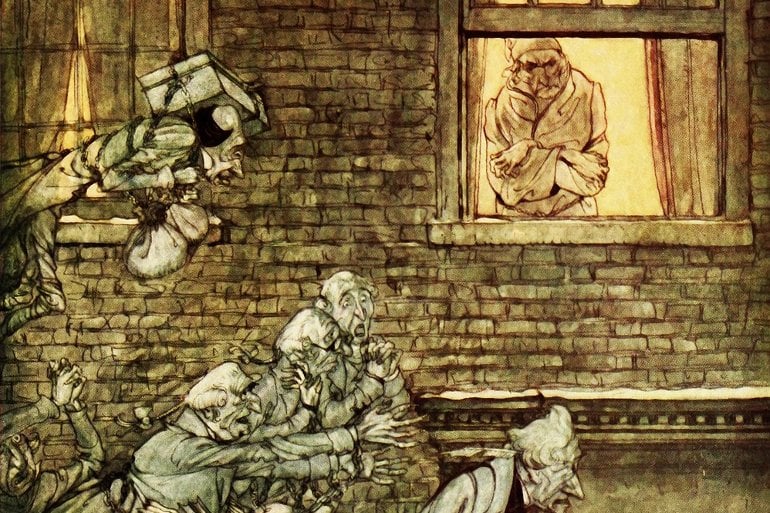 This shows Scrooge looking out of a window with the ghosts from the story flying around
