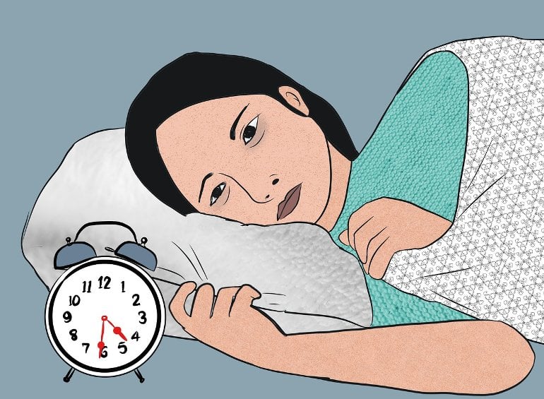 This shows a drawing of a woman laying awake looking at an alarm clock