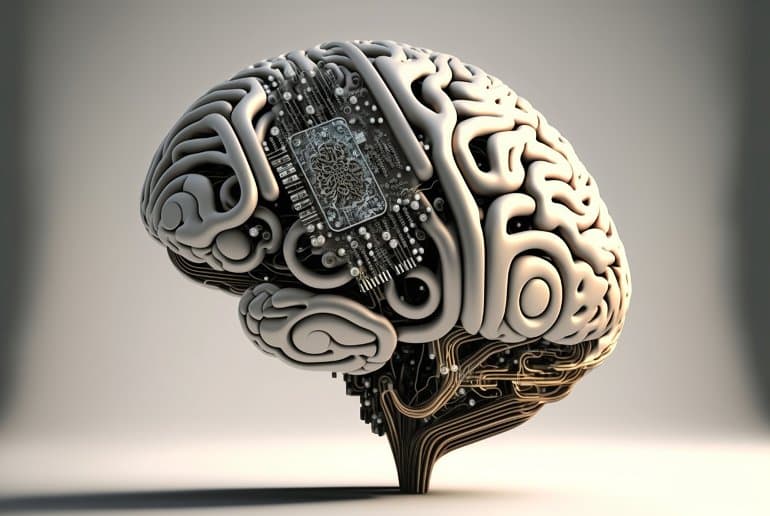 This shows a model of a brain with a chip implanted