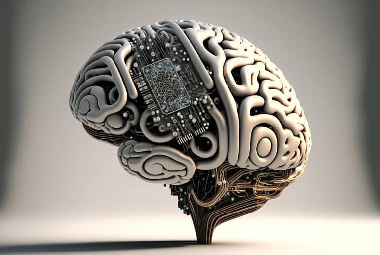 This shows a model of a brain with an implant chip on it