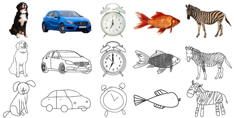 This shows drawings of a dog, car, and a fish