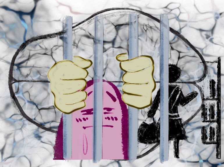 This shows a drawing of a brain behind bars