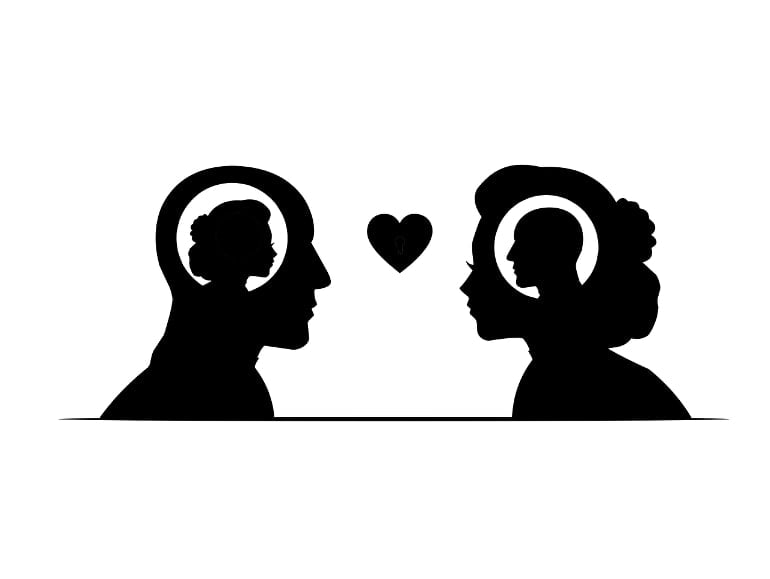 This shows the outline of a man and woman's heads and a heart