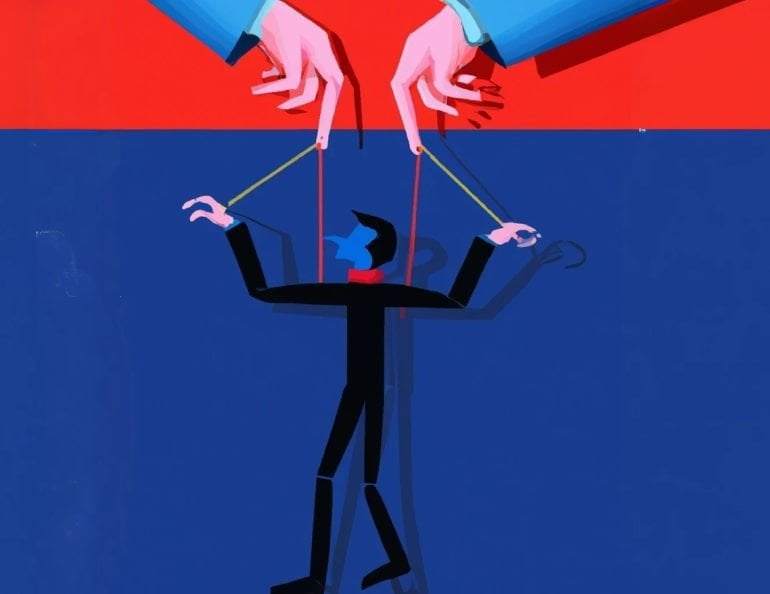 This shows hands controlling a puppet