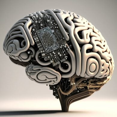 This shows a brain with a computer chip on it