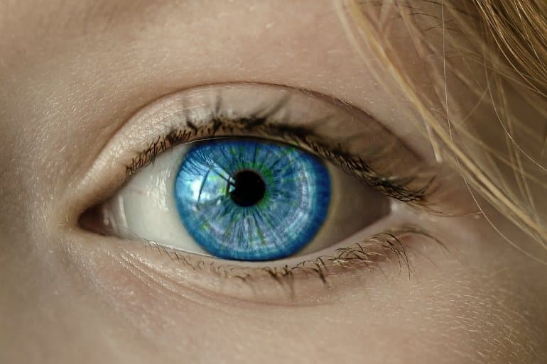 This shows a woman's blue eye