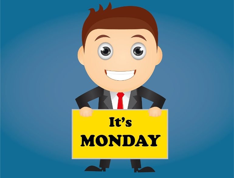 This is a drawing of a man holding a sign that reads "it's monday"