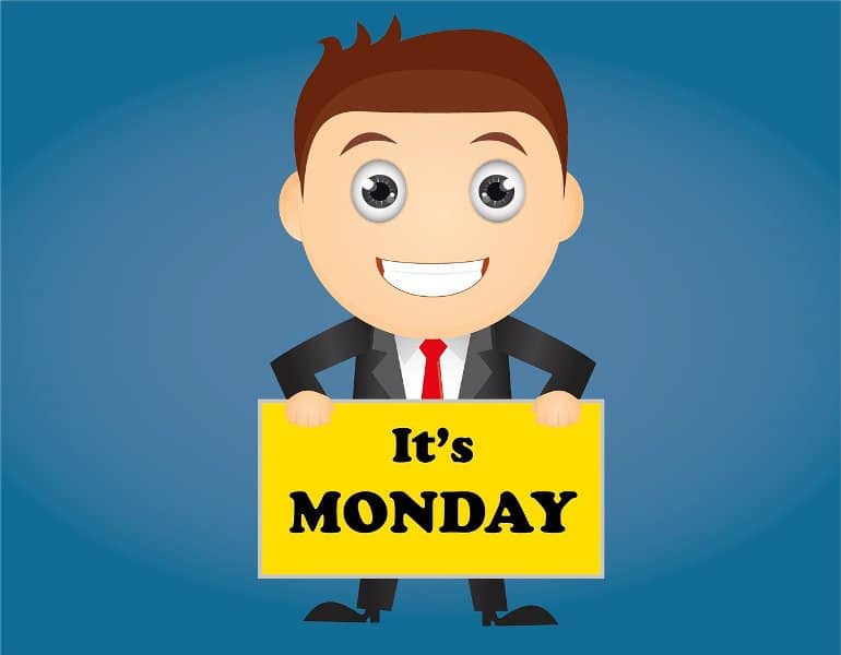 This is a drawing of a man holding a sign that reads "it's monday"