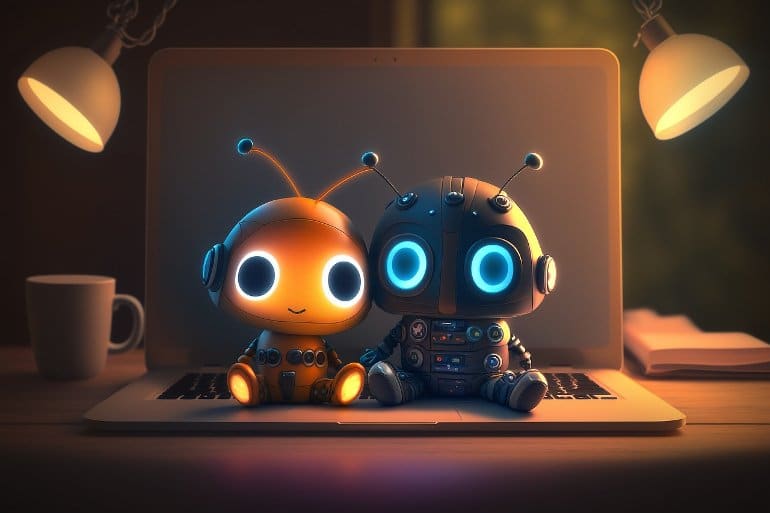 This shows two cute robots sitting on a laptop